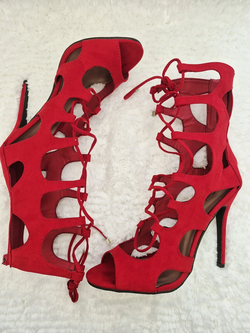 Red Suede Lace-Up Cutout Heels